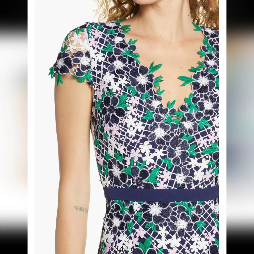 Anthropologie Green Purple Floral Crochet Embroidered Cap Sleeve Midi Dress SM - Picture 5 of 11